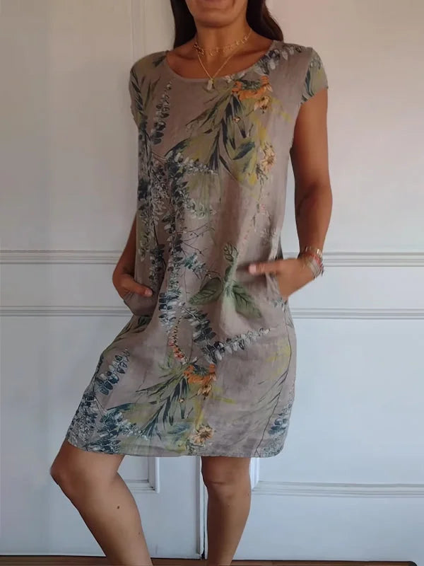 Beauty™| - Abito girocollo in cotone e lino stampato