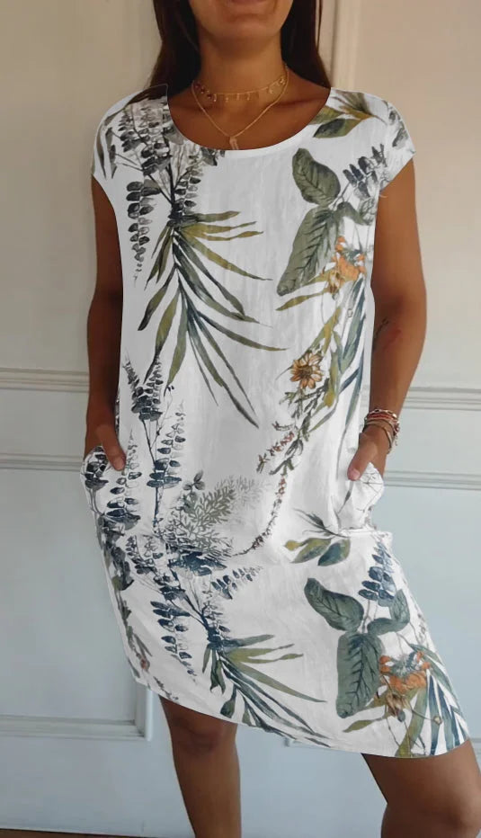 Beauty™| - Abito girocollo in cotone e lino stampato